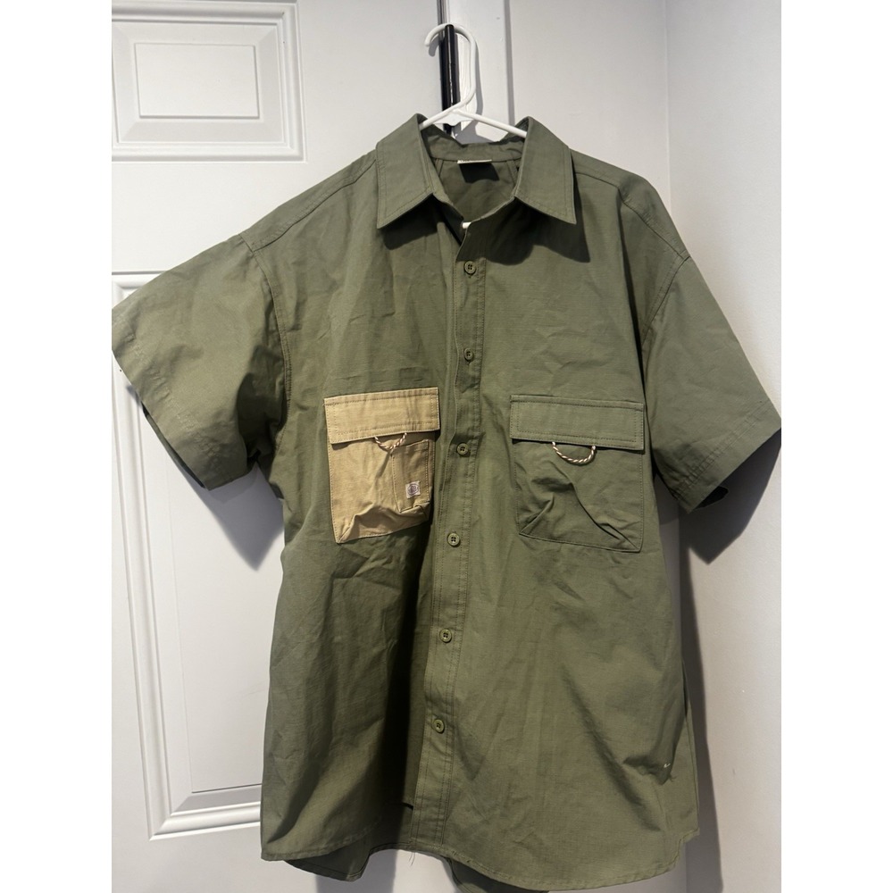 Manresa Olive Green Thick Cotton Utility‎ Two Tone Pocket Design Shirt Sz L Mens